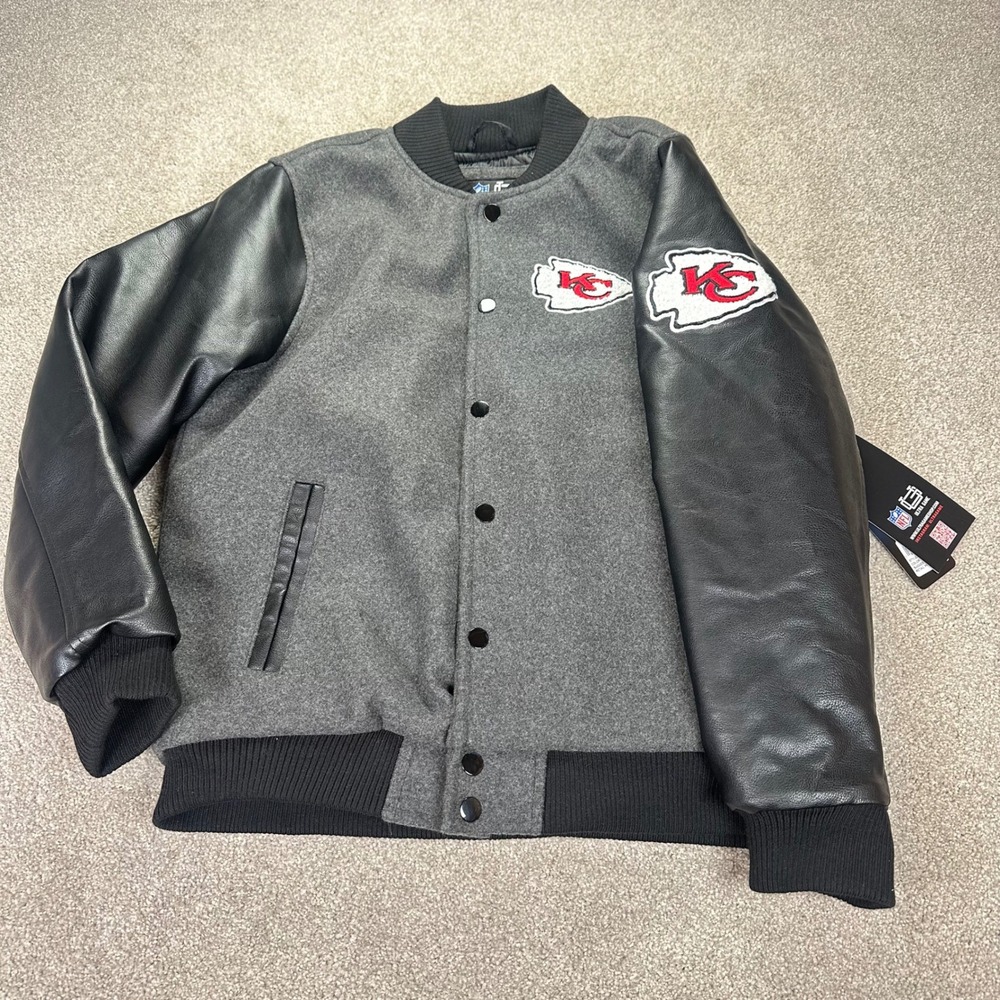 NFL Ultra Game Kids 4-16 Kansas‎ City Chiefs Varsity Jacket Grey Black Letterman